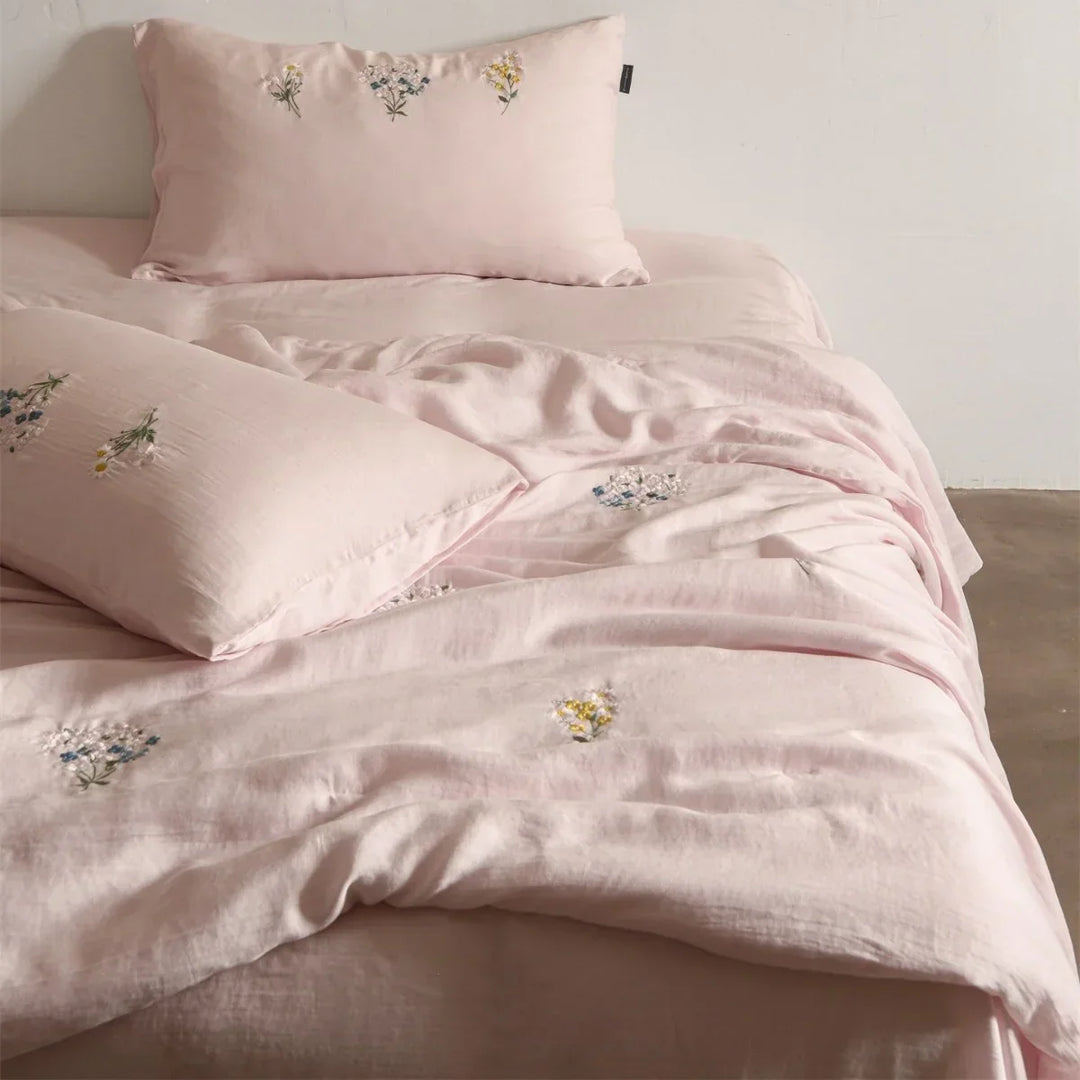 Embroidered Linen Cotton Bedding Set, Breathable and Washable