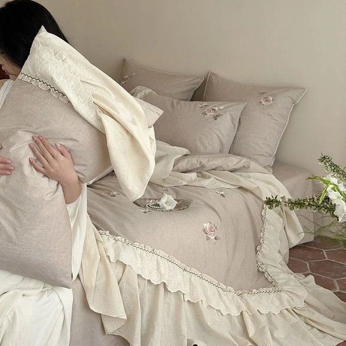 Plushridge™ Rose Embroidered Cotton-Linen Bedspread Set with Lace Ruffles