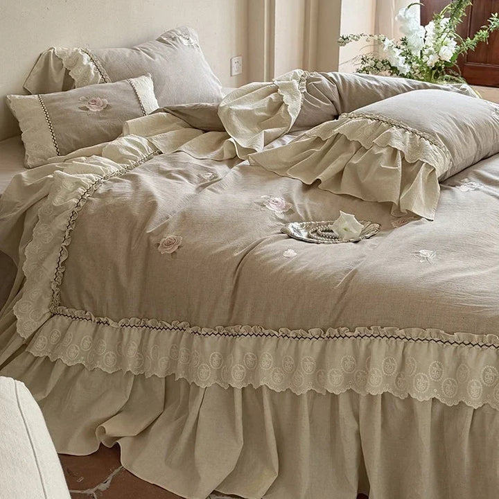Rose Embroidered Cotton-Linen Bedspread Set with Lace Ruffles