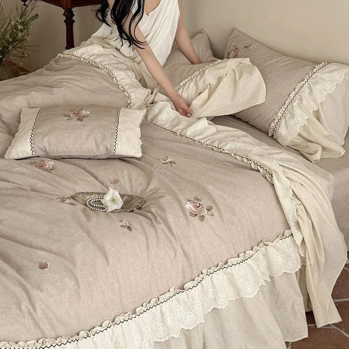 Rose Embroidered Cotton-Linen Bedspread Set with Lace Ruffles