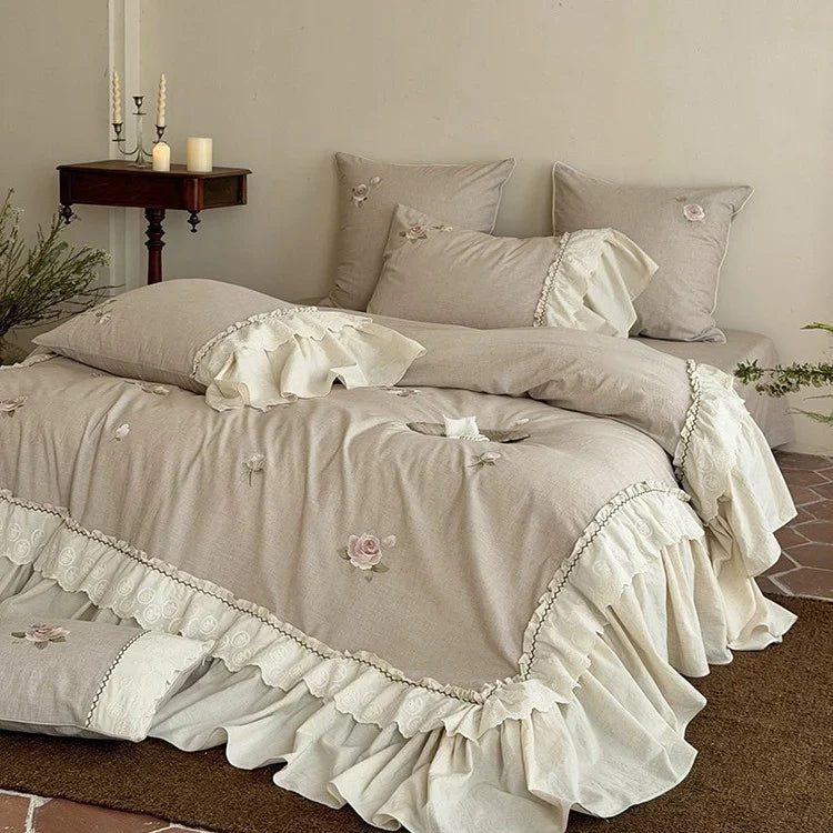 Rose Embroidered Cotton-Linen Bedspread Set with Lace Ruffles