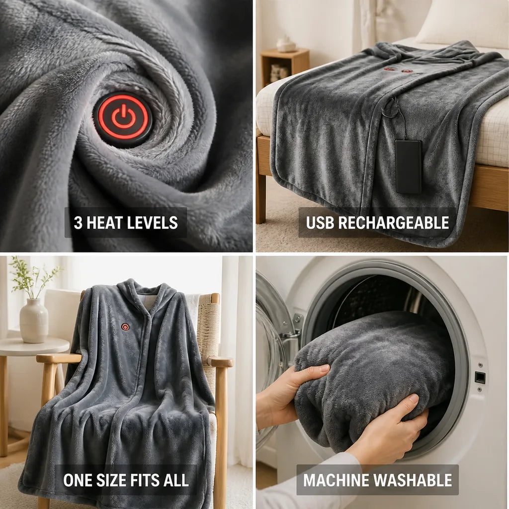 Heated Fleece Blanket Shawl with 3 Heat Settings – Plushridge™