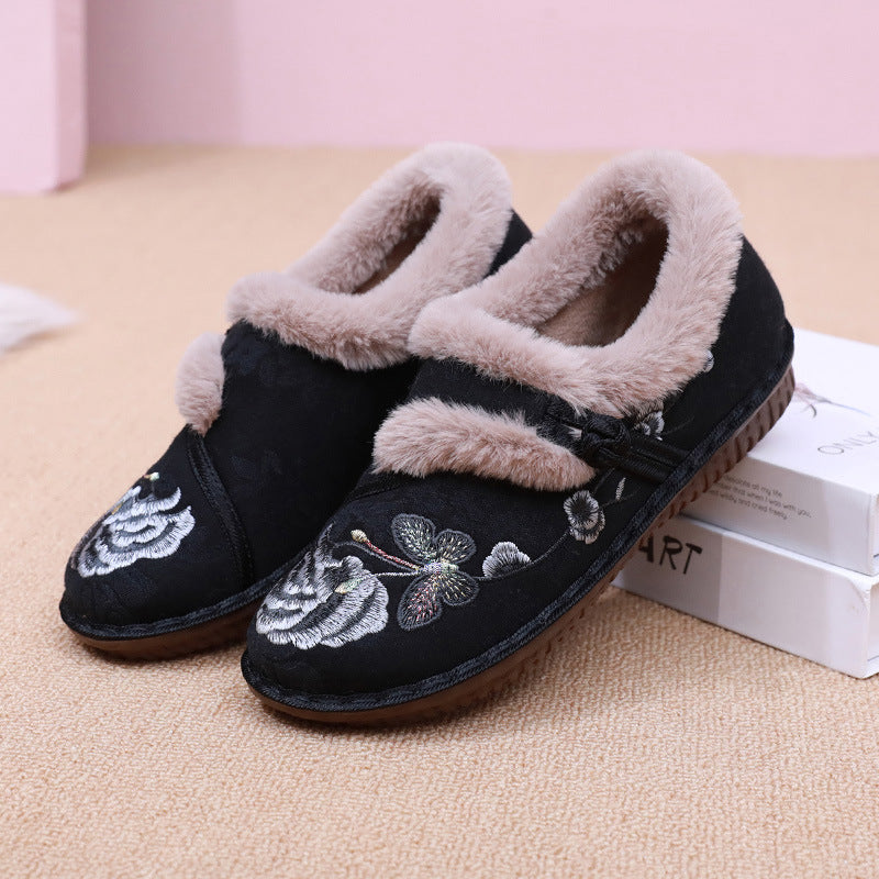 Floral Embroidered House Slippers with Fluffy Warm Lining