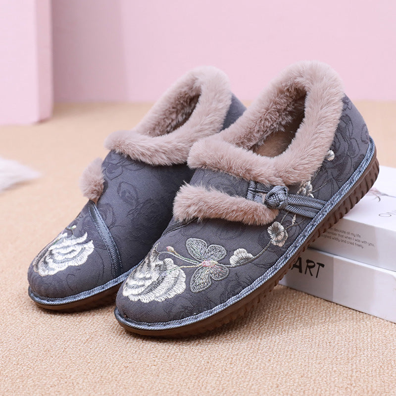 Floral Embroidered House Slippers with Fluffy Warm Lining