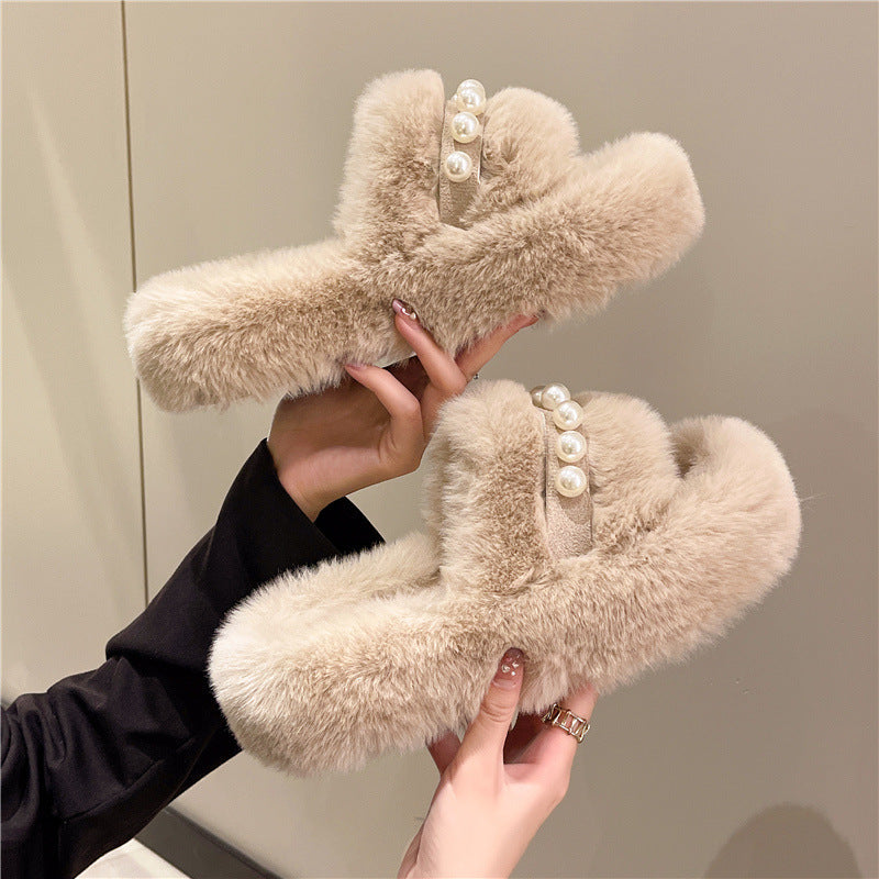Fluffy Open-Toe Slippers with Elegant Pearl Accents