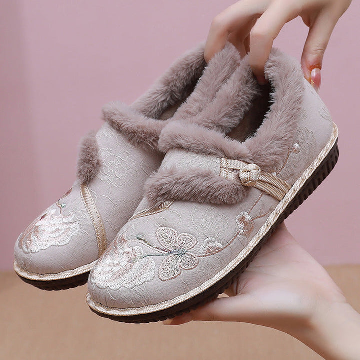 Floral Embroidered House Slippers with Fluffy Warm Lining