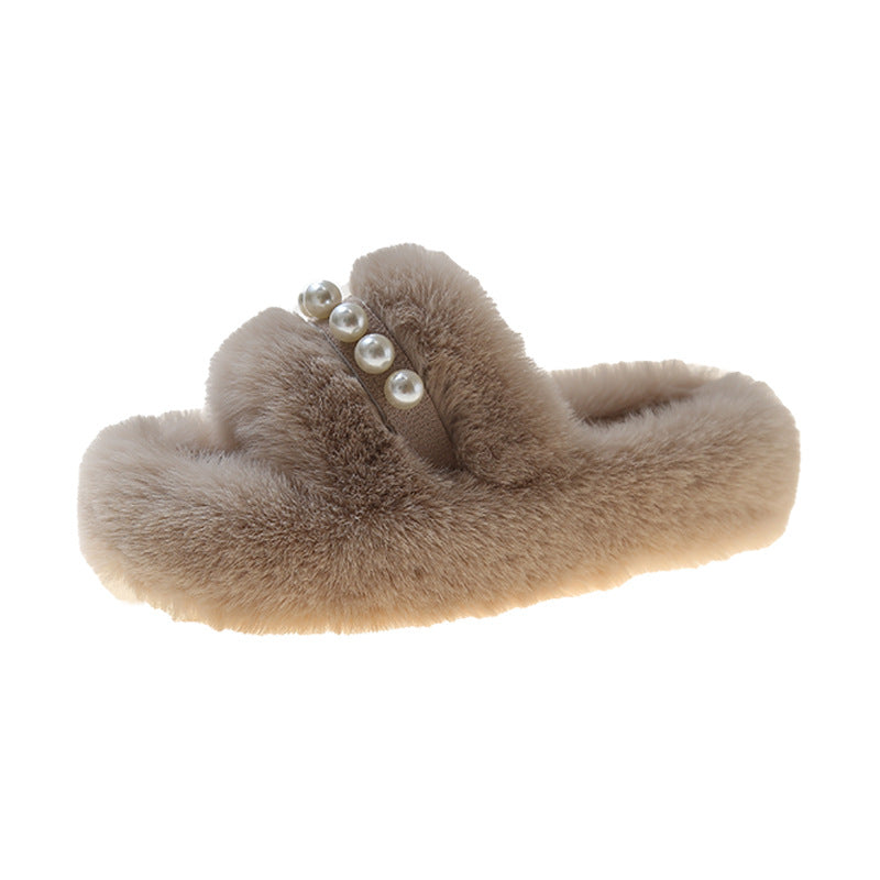 Fluffy Open-Toe Slippers with Elegant Pearl Accents