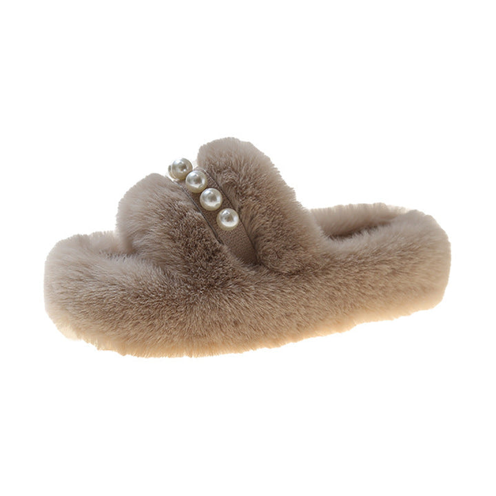 Fluffy Open-Toe Slippers with Elegant Pearl Accents