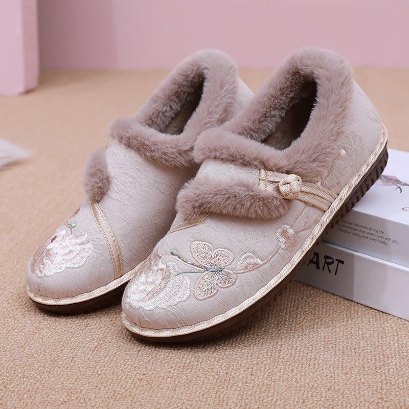Floral Embroidered House Slippers with Fluffy Warm Lining