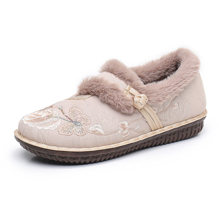 Floral Embroidered House Slippers with Fluffy Warm Lining