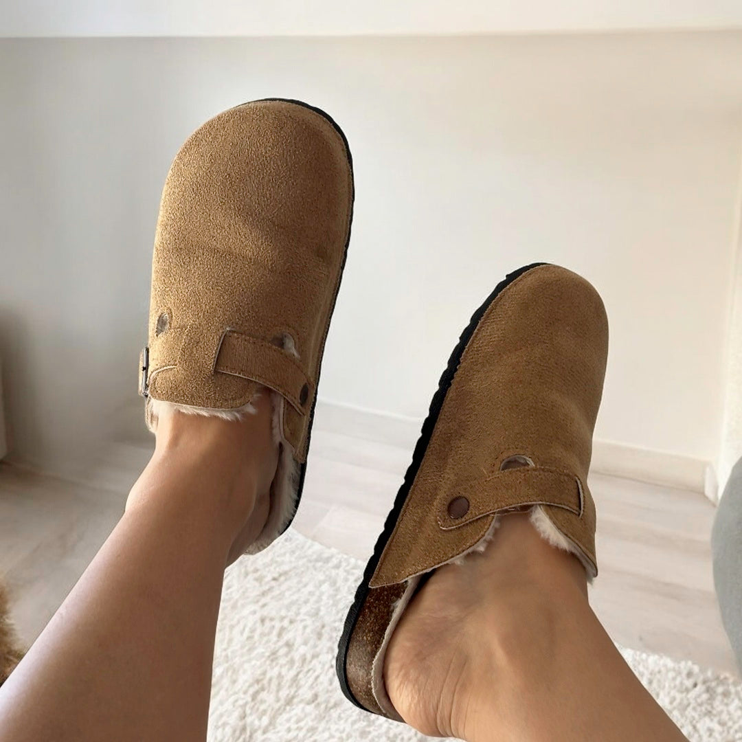 Suede Clogs with Faux Fur Lining and Cork Footbed