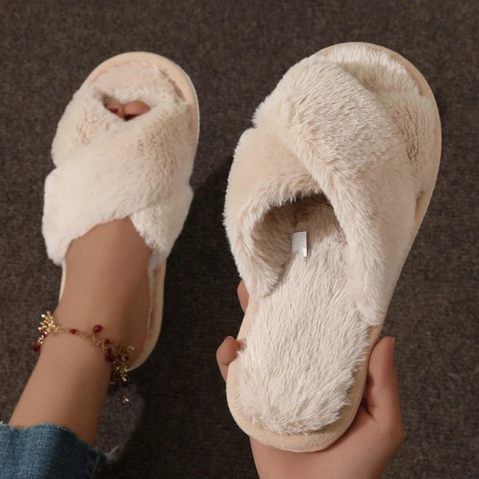 Plushridge™ Women's Fluffy Crossover Slippers with Non-Slip Sole