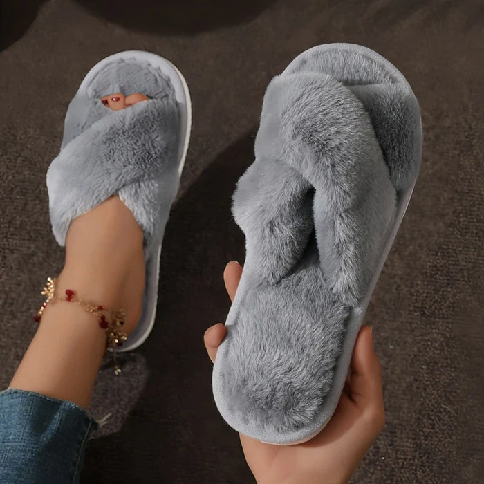 Plushridge™ Women's Fluffy Crossover Slippers with Non-Slip Sole