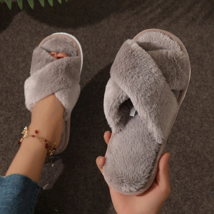 Plushridge™ Women's Fluffy Crossover Slippers with Non-Slip Sole