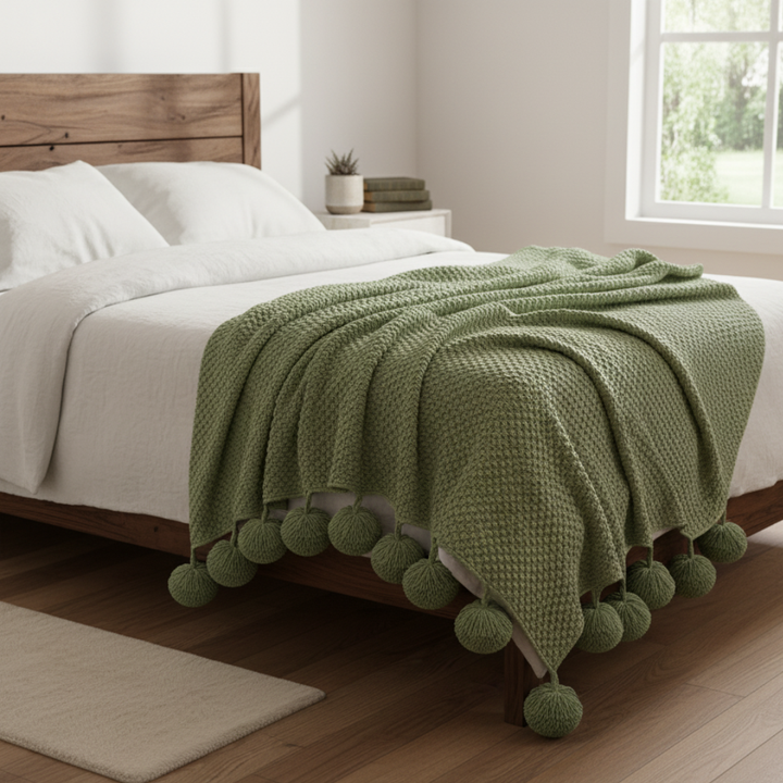 Scandinavian Waffle Knit Throw Blanket With Pom Pom Tassels