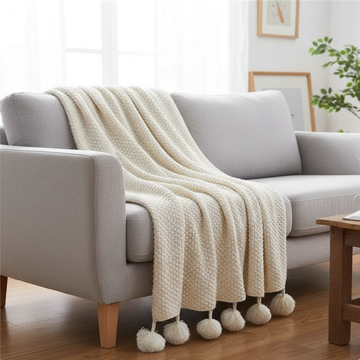 Scandinavian Waffle Knit Throw Blanket With Pom Pom Tassels