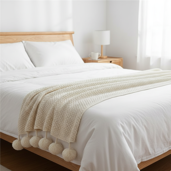 Scandinavian Waffle Knit Throw Blanket With Pom Pom Tassels