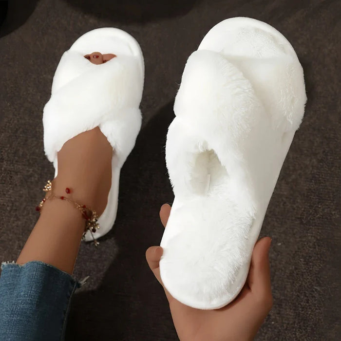 Plushridge™ Women's Fluffy Crossover Slippers with Non-Slip Sole