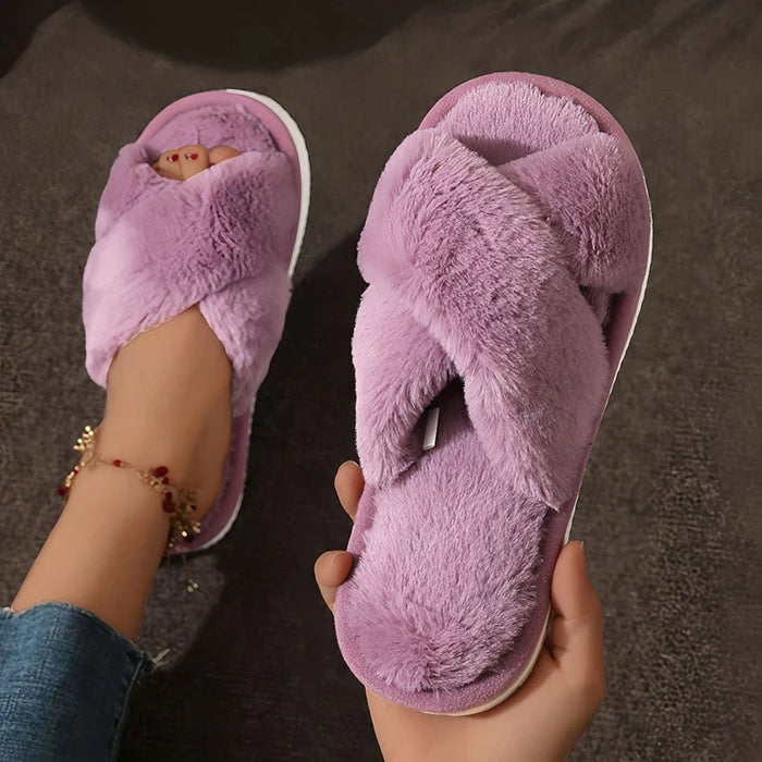 Plushridge™ Women's Fluffy Crossover Slippers with Non-Slip Sole