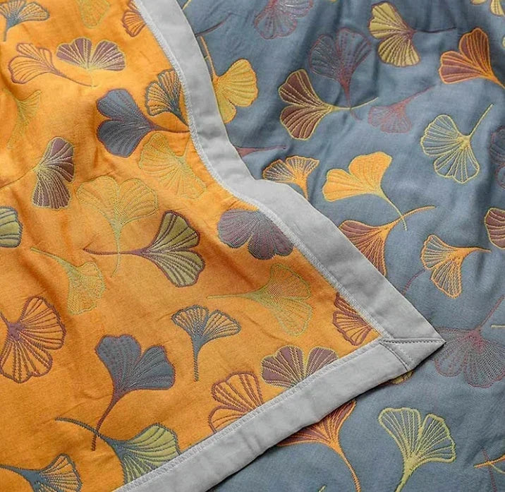 Reversible Throw Blanket With Ginkgo Leaf Pattern