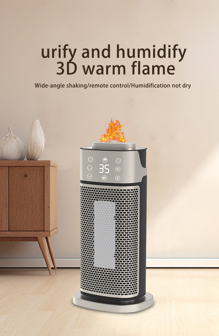 Silver tower fan heater with glowing flame-effect humidifier