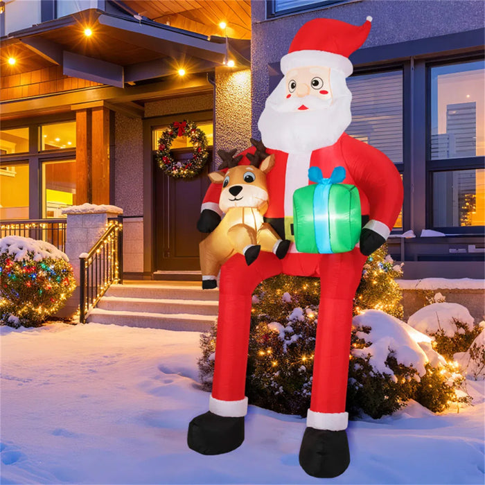 Plushridge 9.5 Ft Inflatable Sitting Santa with Reindeer and Gift Box