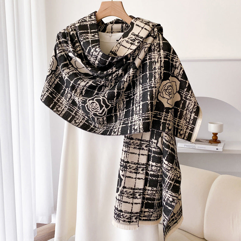 Wine red plaid shawl with roses