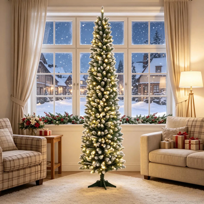 Plushridge 7 ft Slim Frosted Pencil Christmas Tree with 220 LEDs