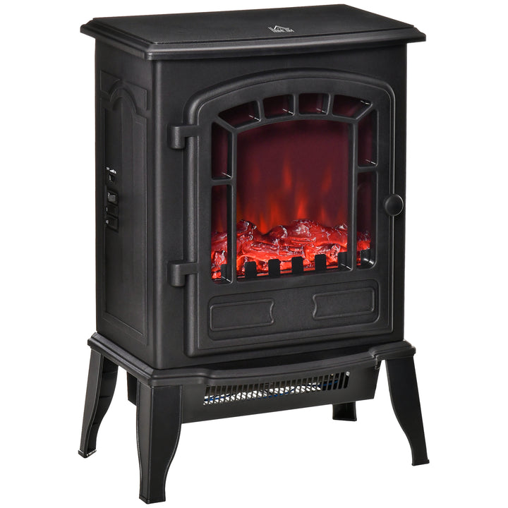 Black electric stove heater with glass front flames