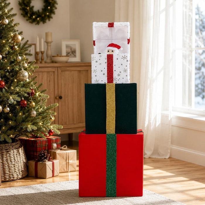 Plushridge 4 ft Lighted Christmas Gift Box Stack with Moving Lids