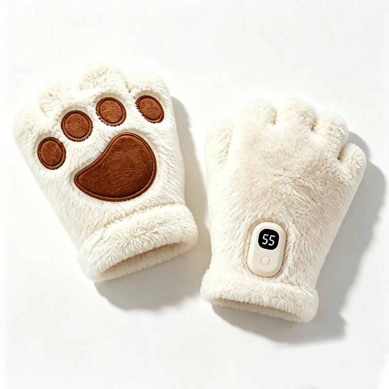 White plush heated cat paw fingerless gloves