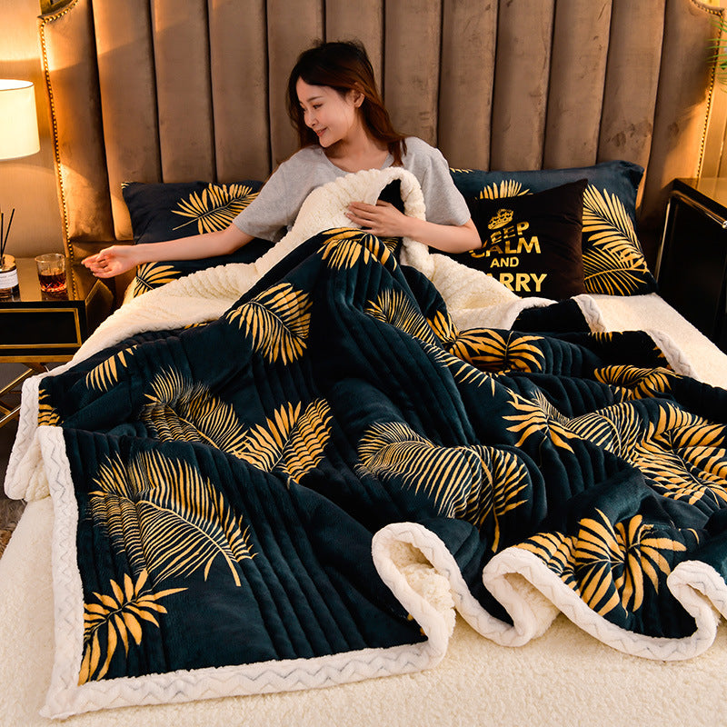 Three-layer quilted sherpa winter blanket