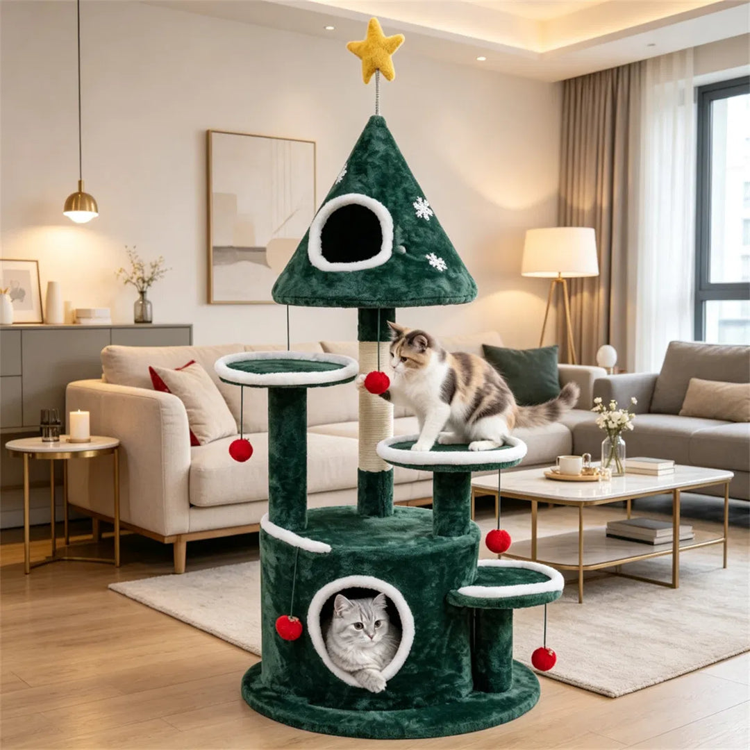 Christmas themed cat tree with bell balls