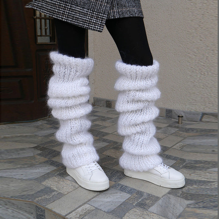 Chunky slouchy knit leg warmers over boots