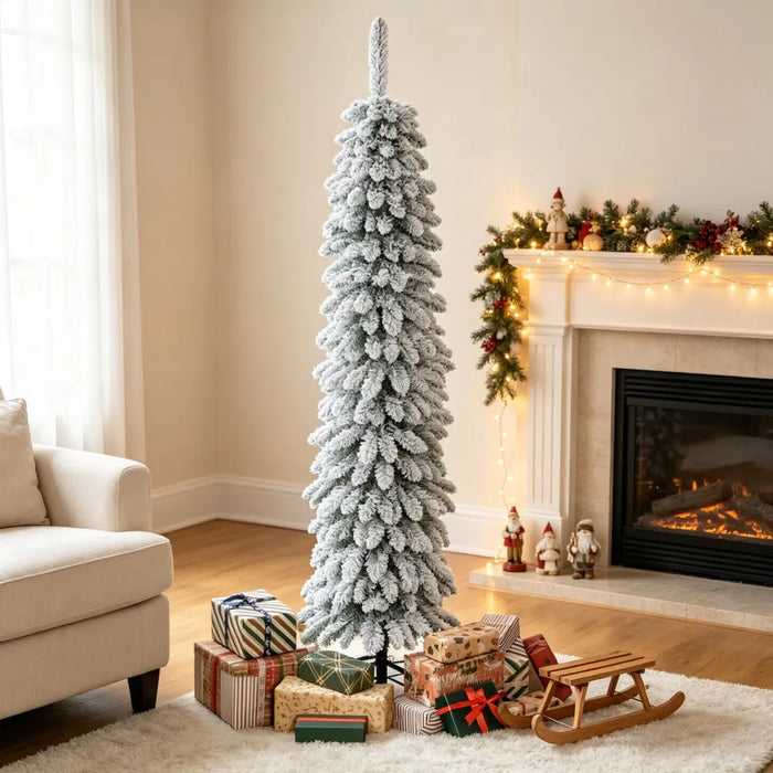 Plushridge 5 ft Snow Flocked Pencil Christmas Tree for Narrow Spaces