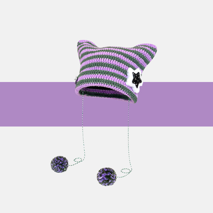 Striped cat ear beanie with pompom ties