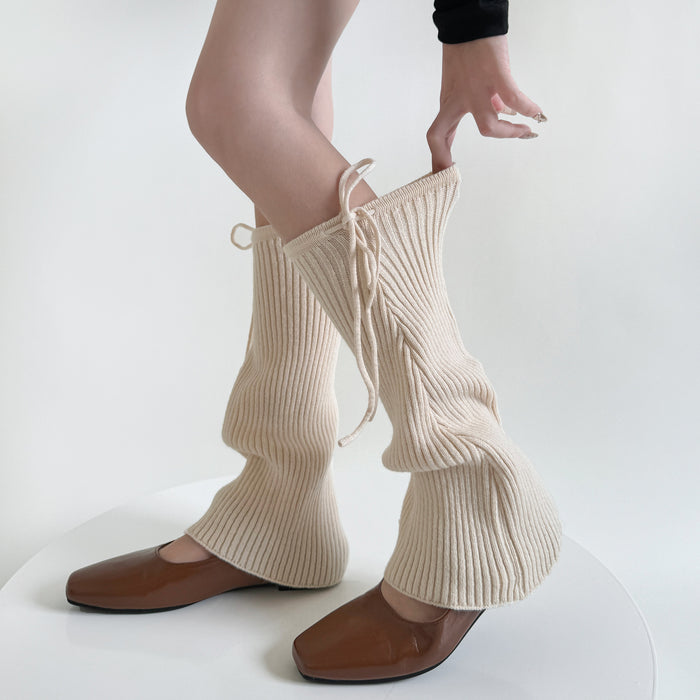 Plushridge Flared Ribbed Leg Warmers with Lace-Up Tie