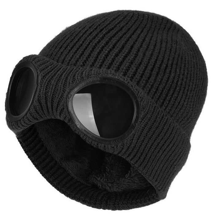 Knit beanie with flip-up goggles on front