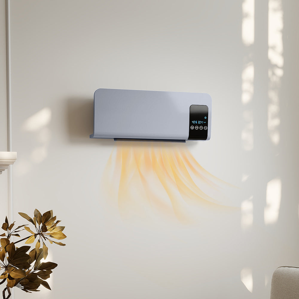 Gray wall-mounted ceramic fan heater with LED panel