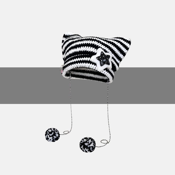 Plushridge Striped Cat Ear Beanie with Star or Pompom Ties