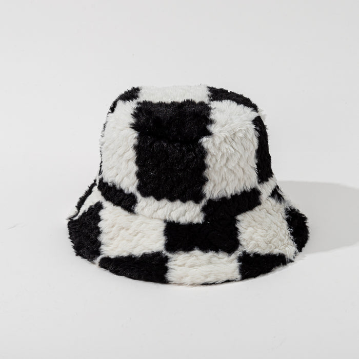 Plushridge Checkerboard Teddy Plush Bucket Hat, Windproof