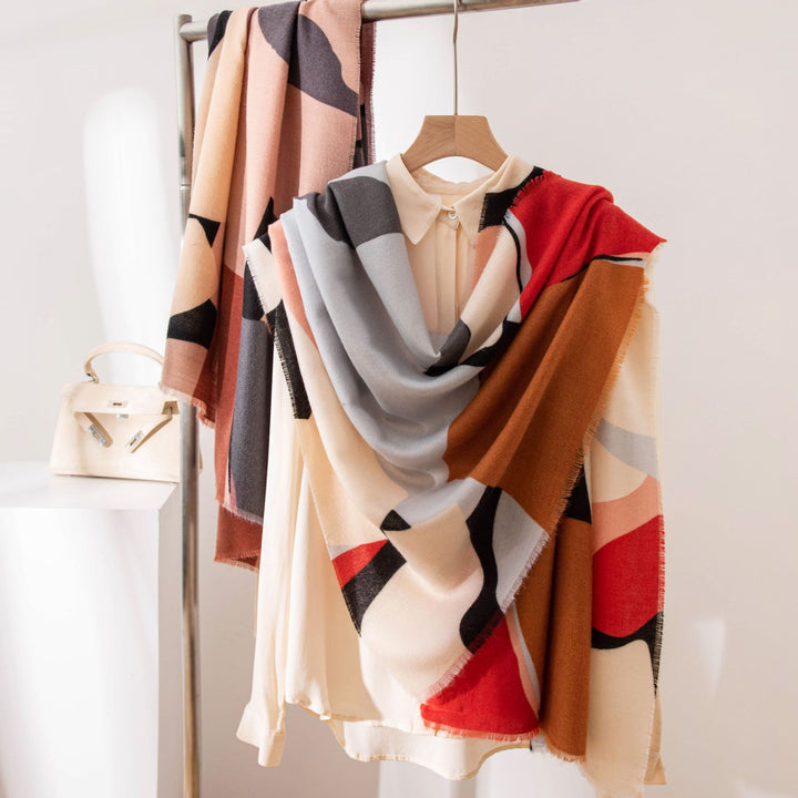 Woman in a mauve abstract print scarf