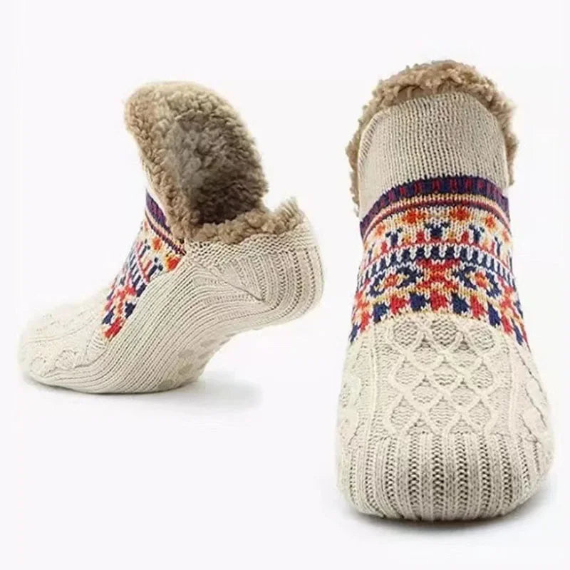 Snowflake Pattern Fleece-Lined Socks with Non-Slip Grips