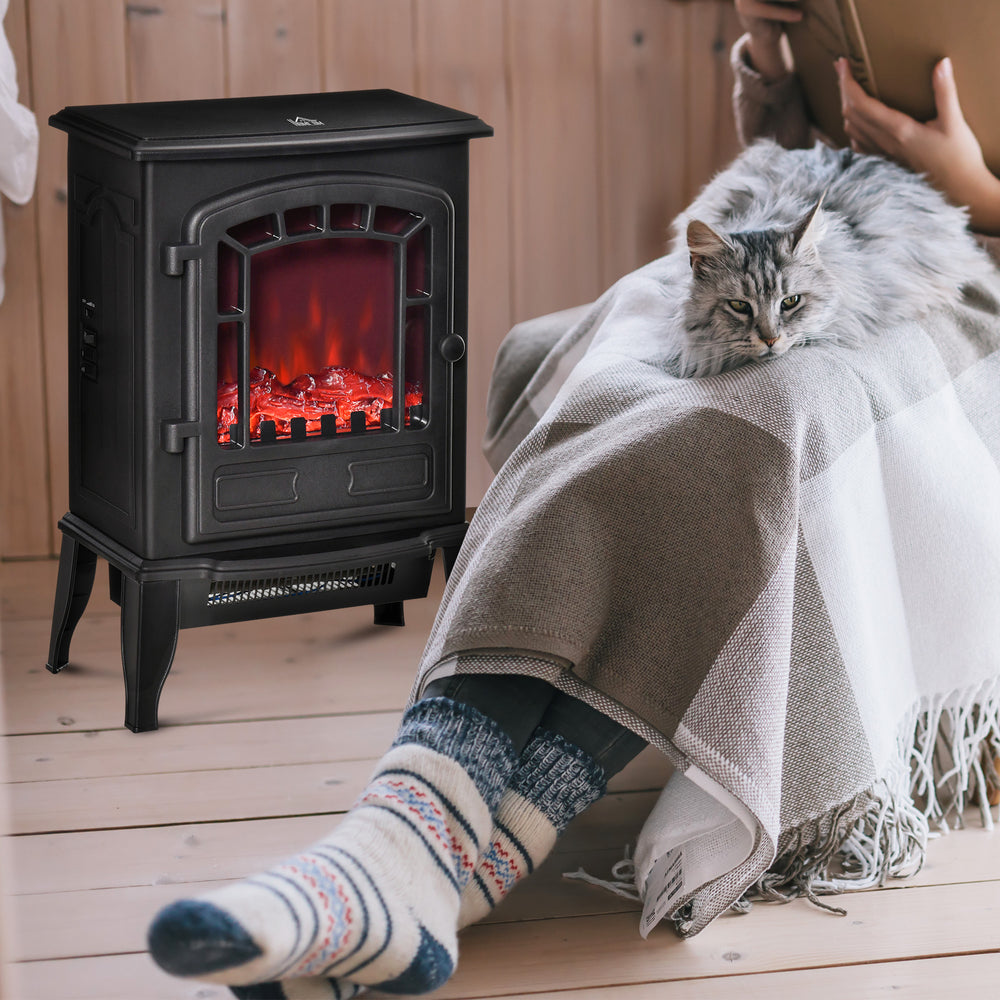 Black electric stove heater with glass front flames