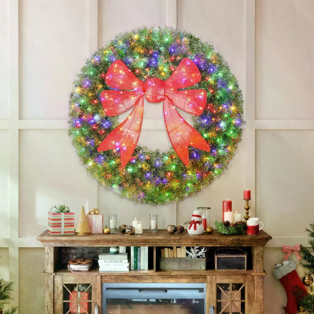 Giant lighted Christmas wreath with red bow