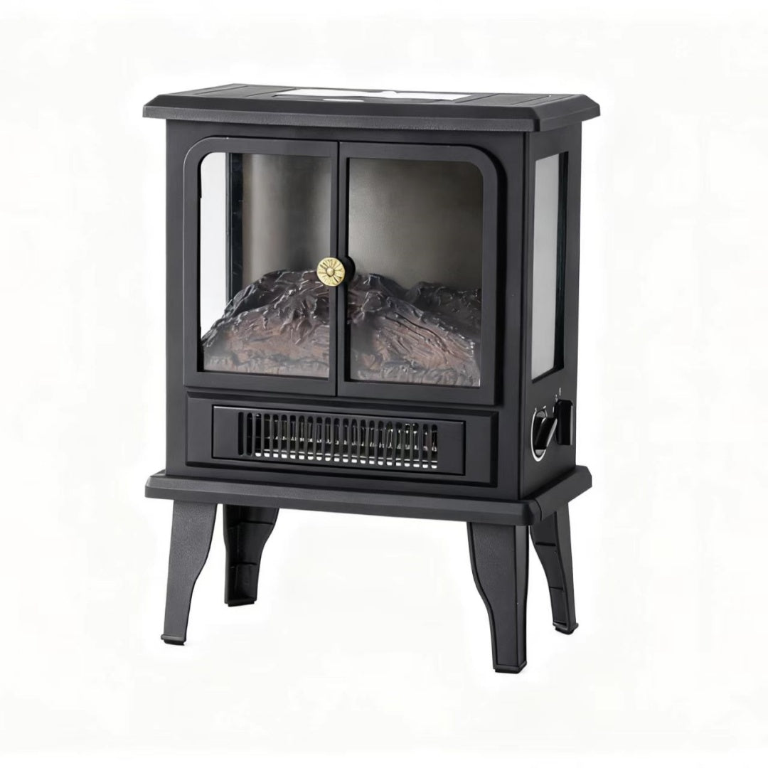 Black electric stove fireplace with glowing 3D flames