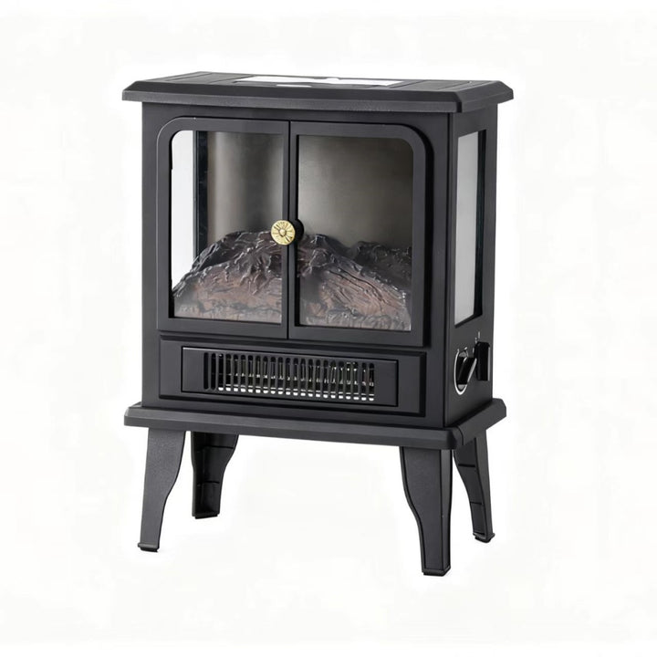 Black electric stove fireplace with glowing 3D flames