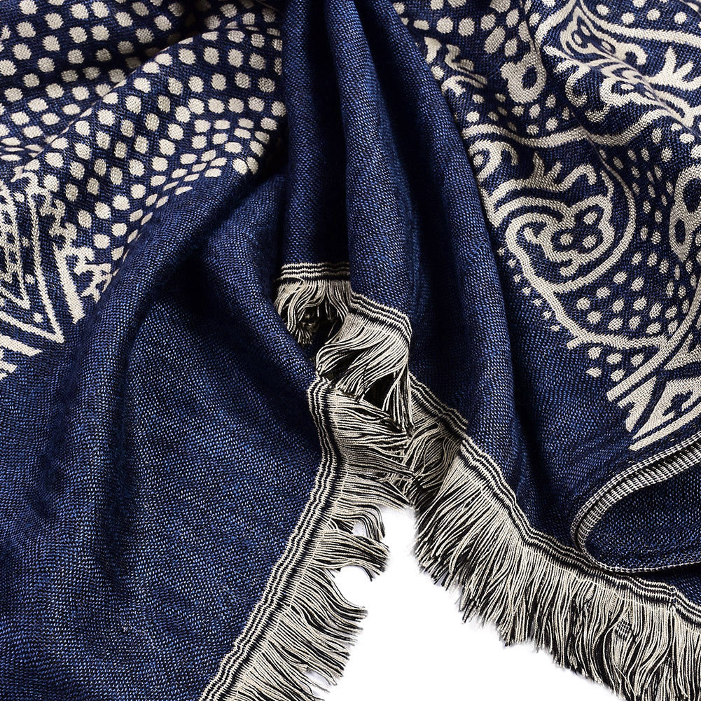 Navy jacquard scarf with fringe