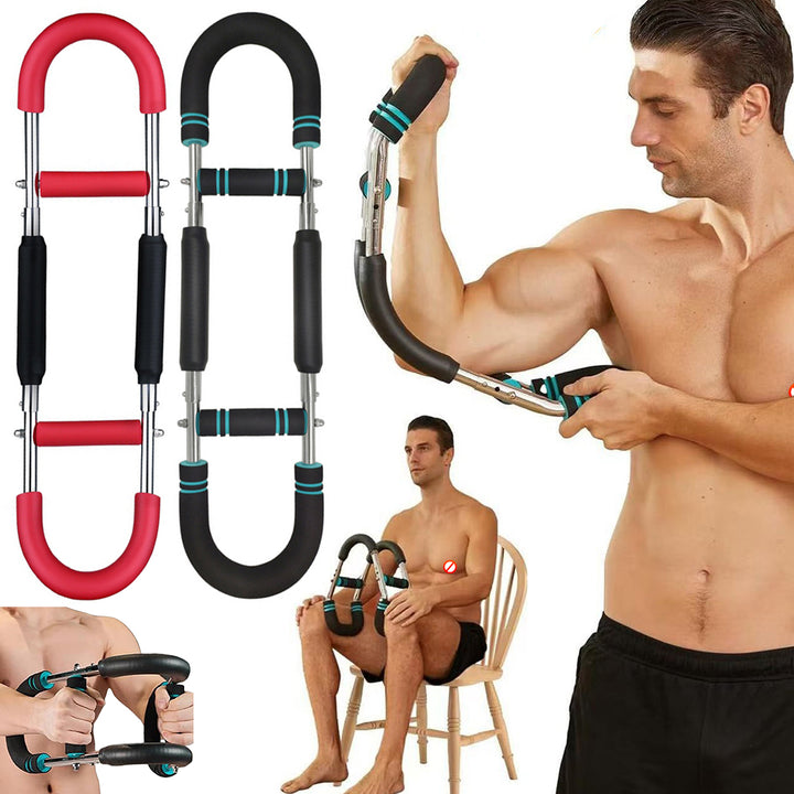 Man training with a U-shaped chest exerciser