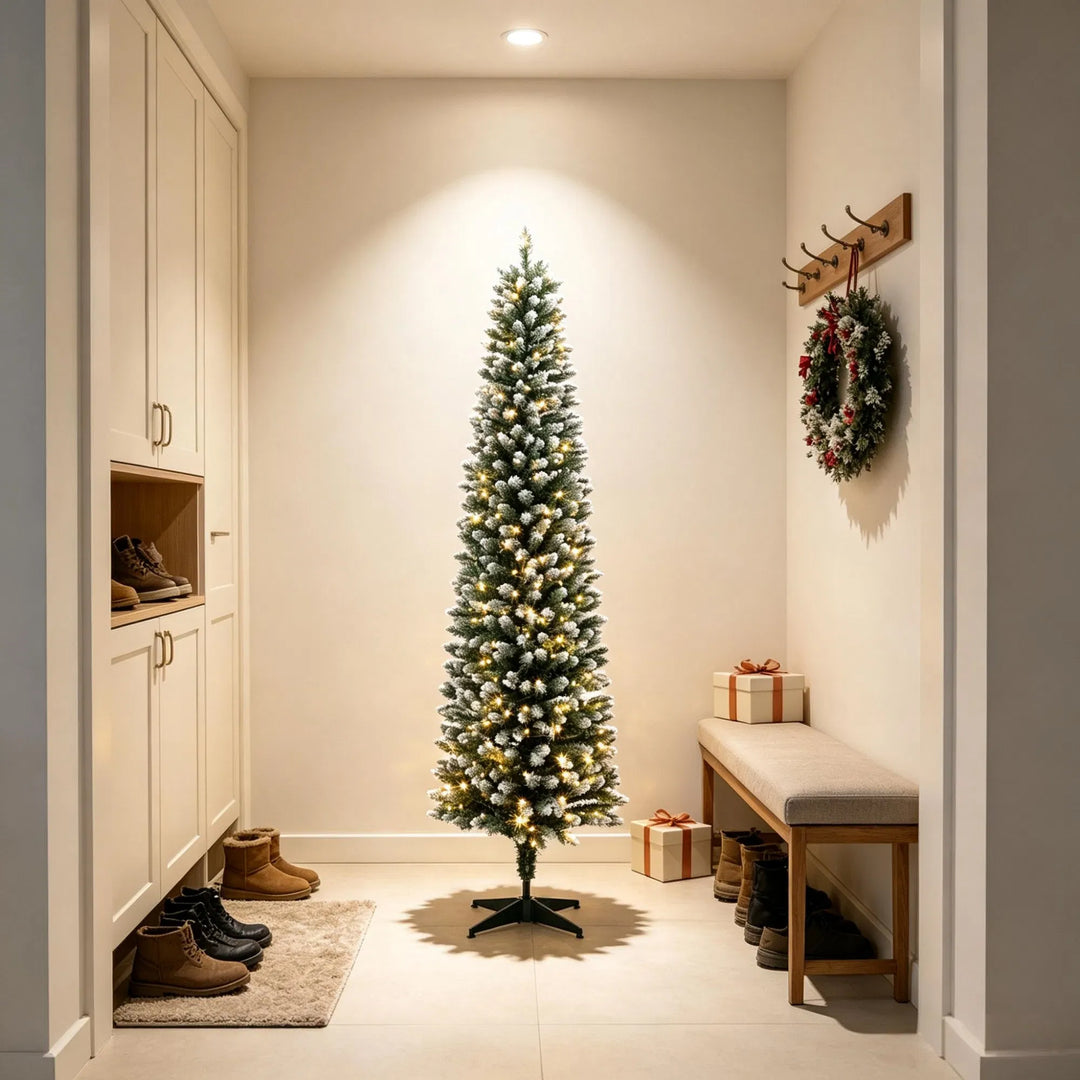 Slim frosted pencil tree with lights